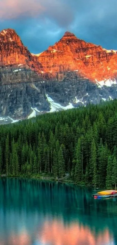 Breathtaking view of a lake reflecting mountains at sunset.