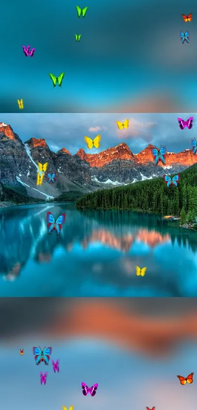 Mountain lake with colorful butterflies and sunset reflections.