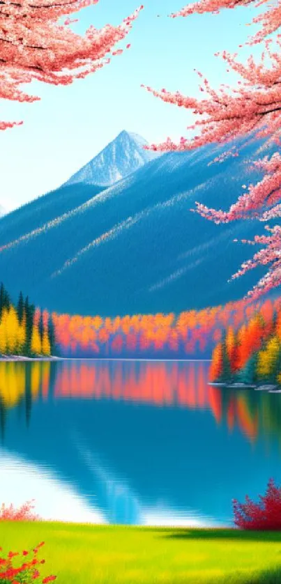 Colorful autumn trees by a mountain lake.