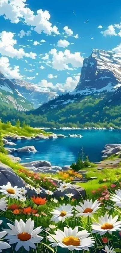 Picturesque mountain lake with flowers and clear blue sky.