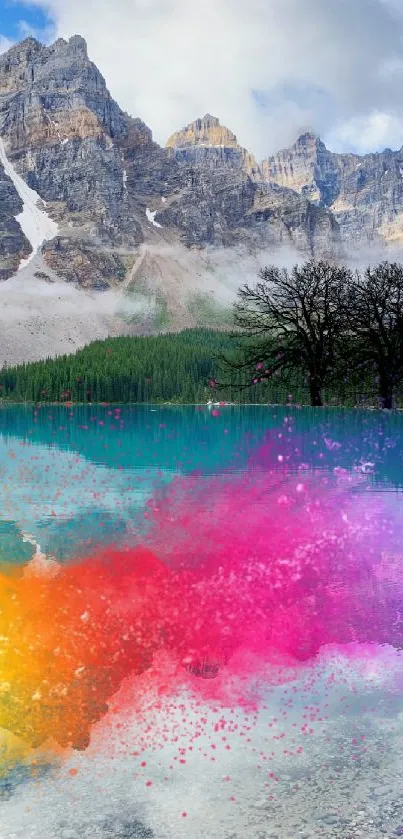 Colorful and serene mountain lake wallpaper with vibrant splashes.