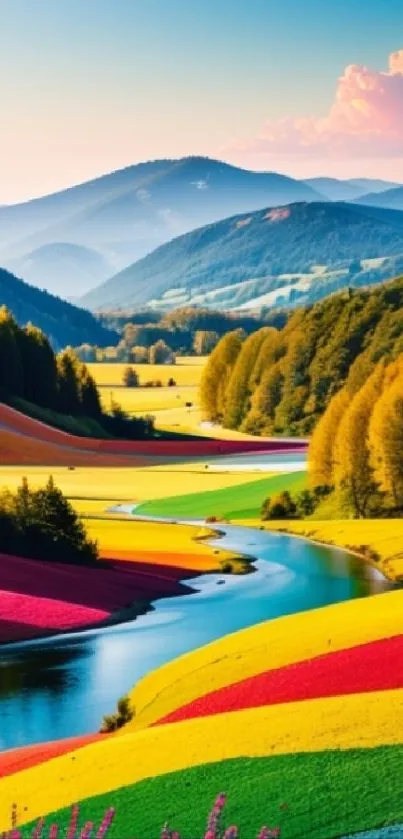 Vibrant mountain landscape with colorful hills and winding river.