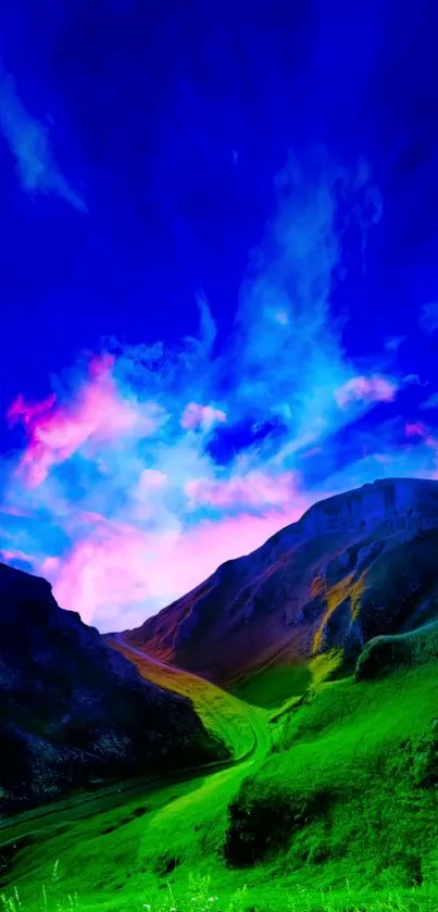 Vibrant mountain landscape with colorful sky and lush green valley.