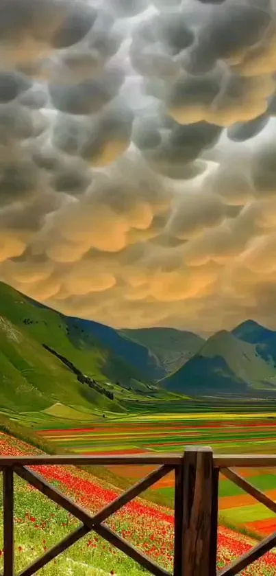 Vibrant mountain landscape with colorful fields and dramatic cloud formations.