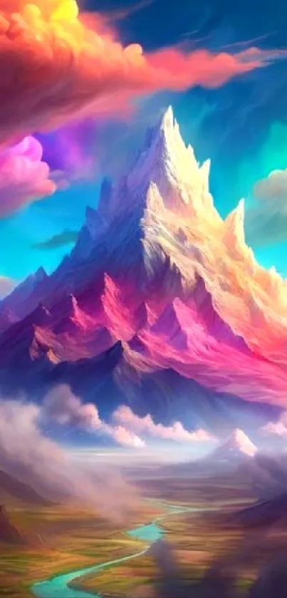 Vibrant mountain landscape with colorful skies.
