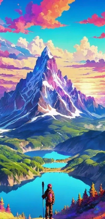 Vibrant artistic wallpaper of a majestic mountain landscape at sunset.