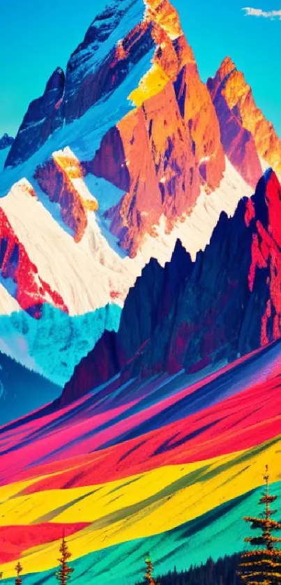 Vibrant, colorful mountain landscape wallpaper with artistic hues.