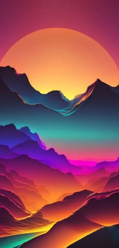 Vibrant digital landscape with colorful mountains and surreal sunset.