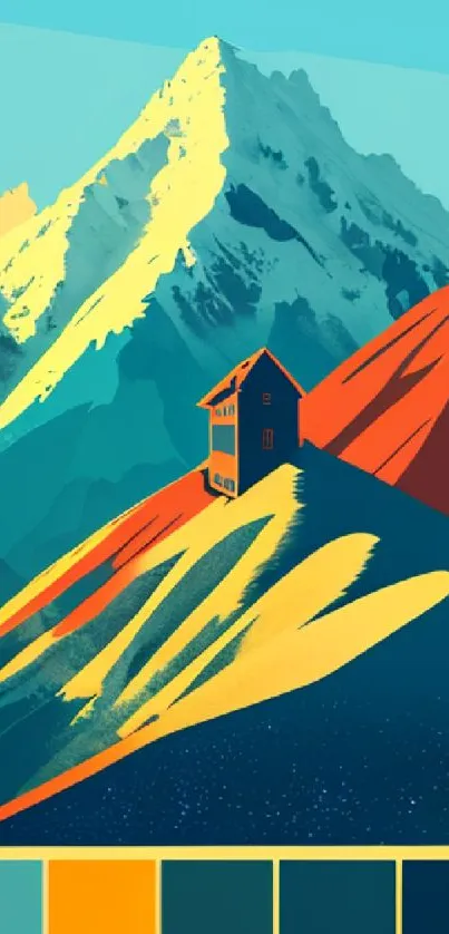 Vibrant mountain art with a colorful cabin and serene sky.