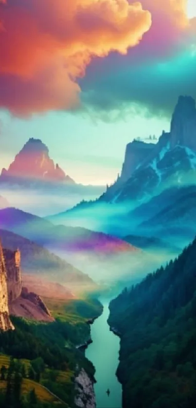 Vibrant mountain landscape with colorful skies and river.