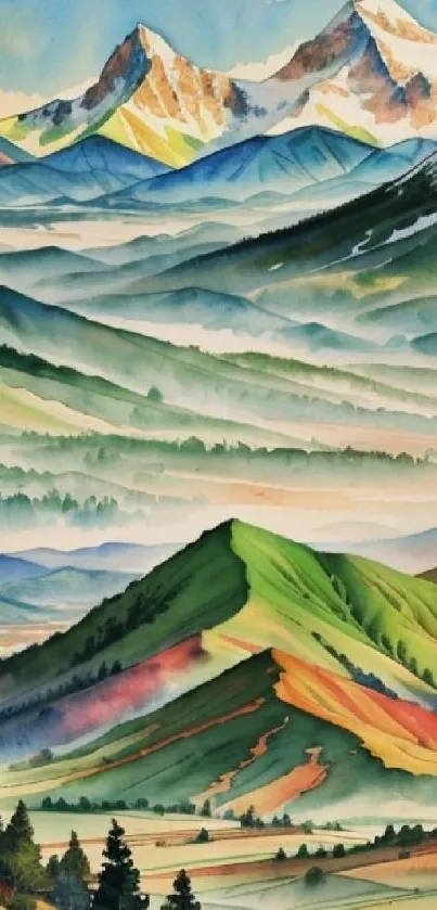 Vibrant watercolor mountain landscape with lush green hills.