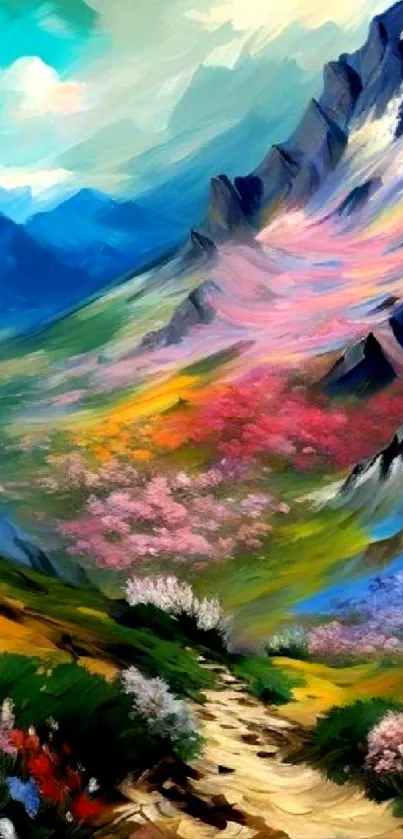 Vibrant mountain landscape with colorful flowers.