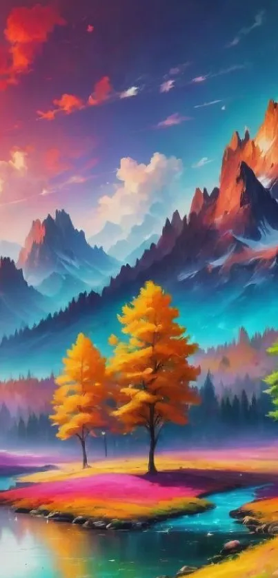 Vibrant mountain landscape with colorful trees.