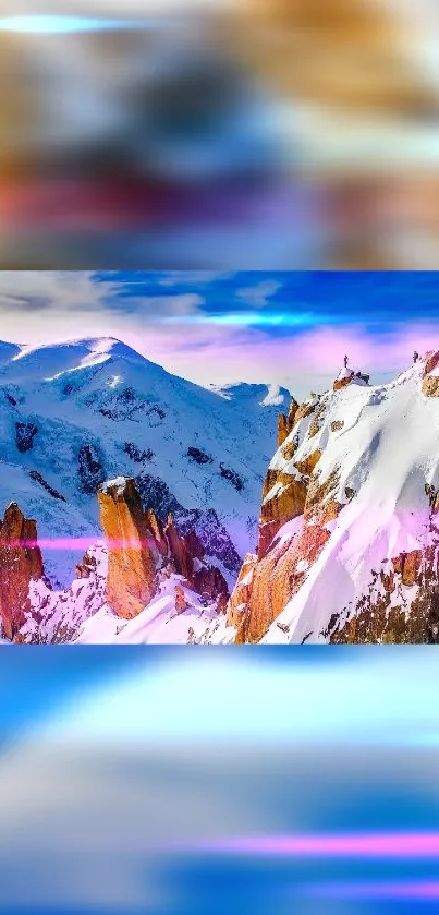 Vibrant mountain landscape with snow-capped peaks and colorful light streaks.