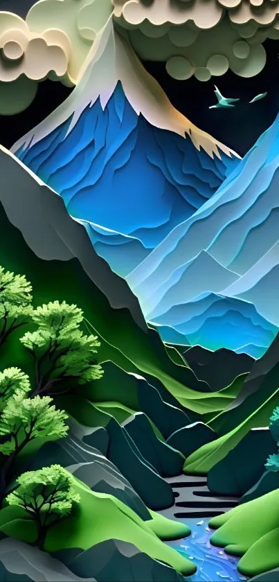 Vibrant mountain landscape with lush greenery and artistic flair.
