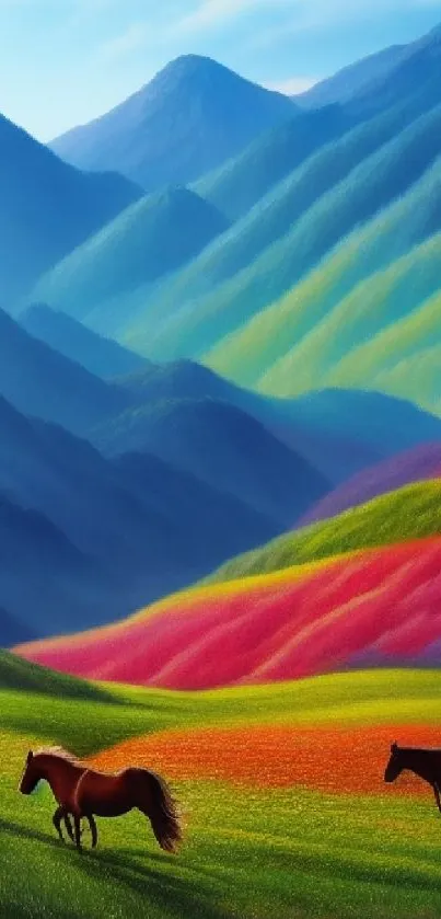 Vibrant mountain landscape with colorful hills and horses.