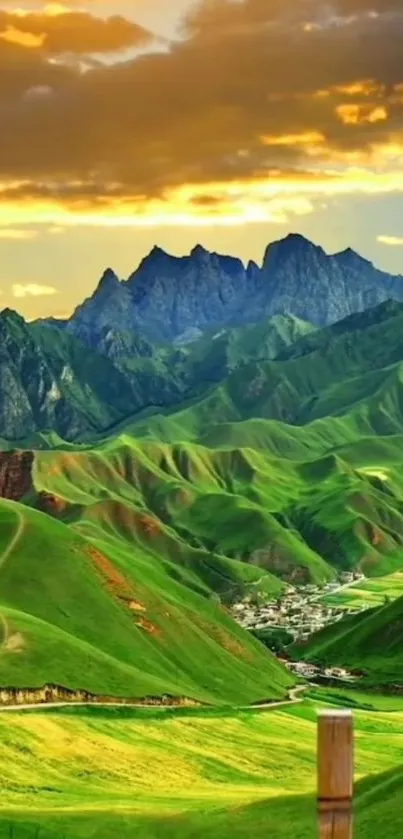 Vibrant green hills and mountains under a golden sky.