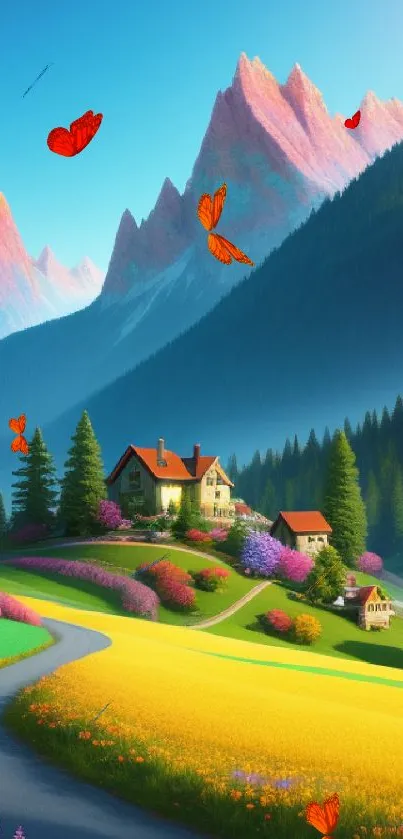 Vibrant mountain landscape with colorful fields and quaint houses.