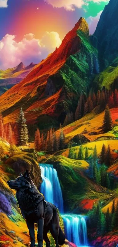 Vibrant mountain landscape with colorful waterfalls and lush scenery.