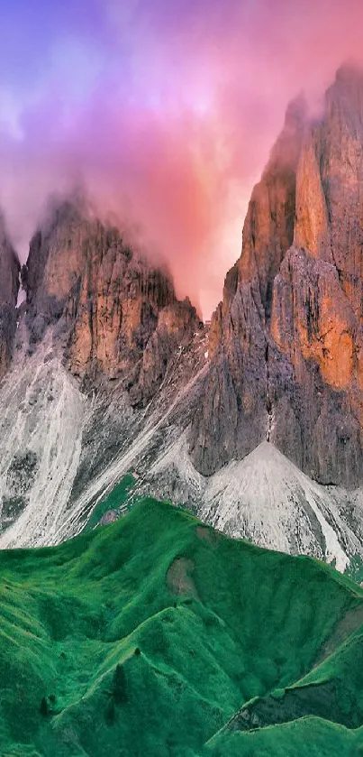 Mountain landscape with vibrant colors and green foreground.