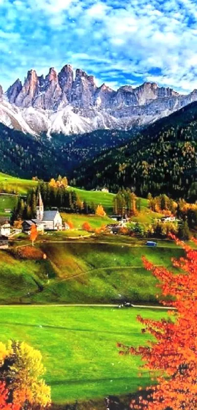 Vibrant mountain landscape with autumn trees and green valleys.