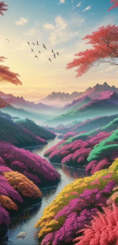 Vibrant colorful mountain landscape with a serene river at sunset.