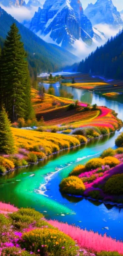 Vibrant mountain landscape with colorful valleys and river.