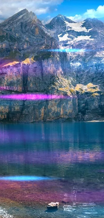 Vibrant mountain and lake scene with purple and blue hues.