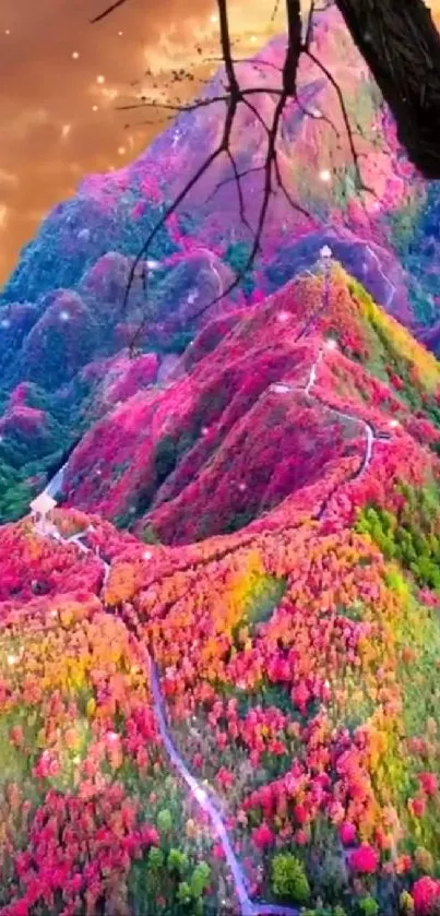 Vibrant pink and orange mountain landscape under a dramatic sky.