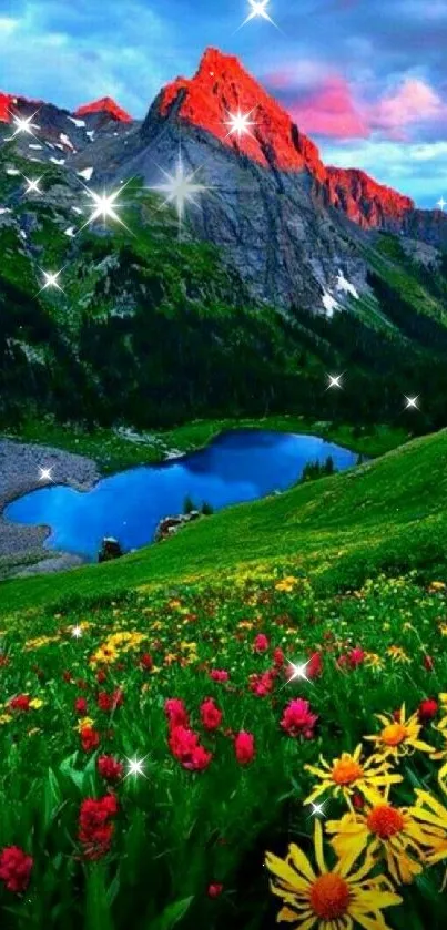 Vibrant mountain landscape with wildflowers and lake.