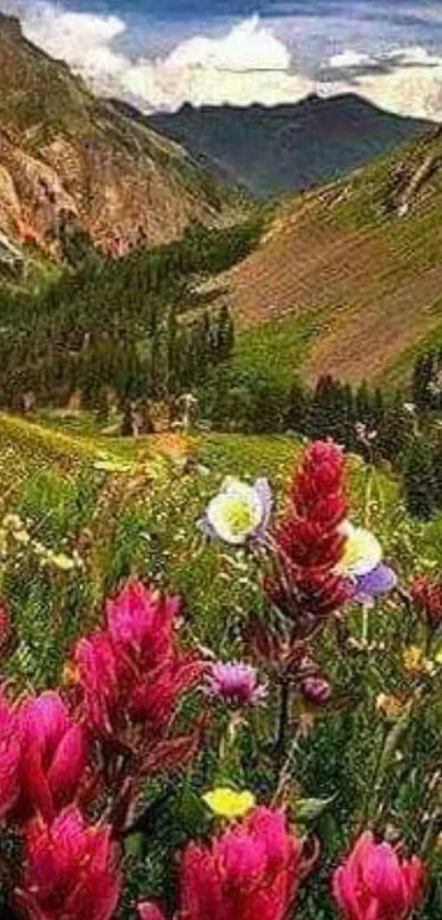 Vivid mountain landscape with colorful wildflowers and green valleys.