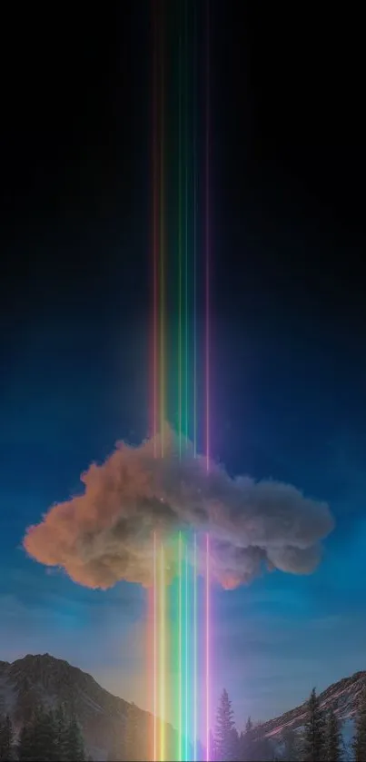 Rainbow light beam over mountain and cloud at night.