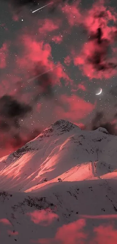 Mountain under vibrant pink night sky with clouds.