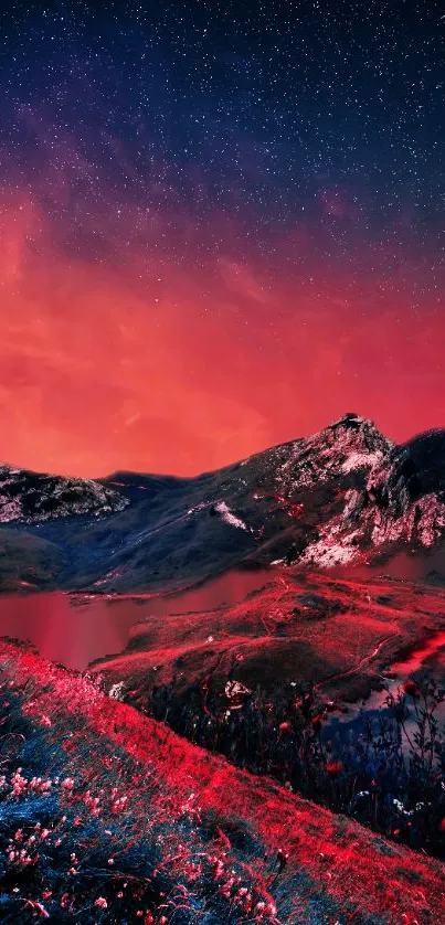 Vibrant red and blue mountain nightscape with starry sky.