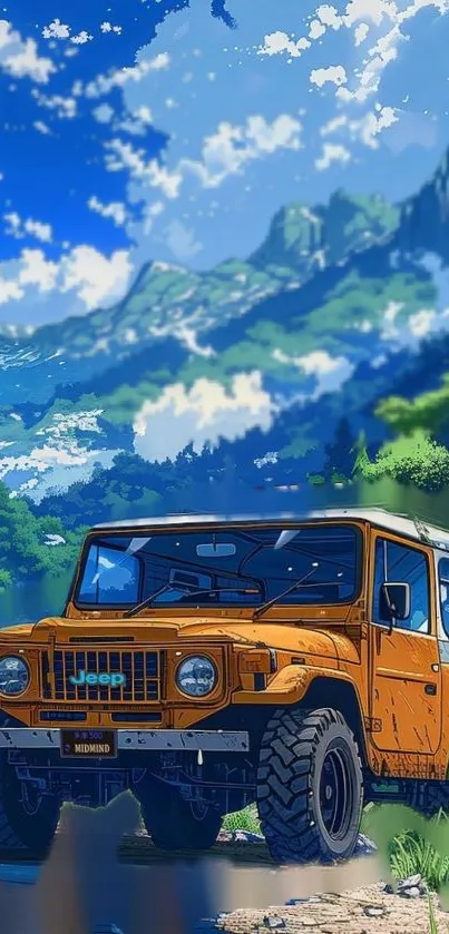 Orange off-road jeep in mountain scenery with blue sky and clouds.