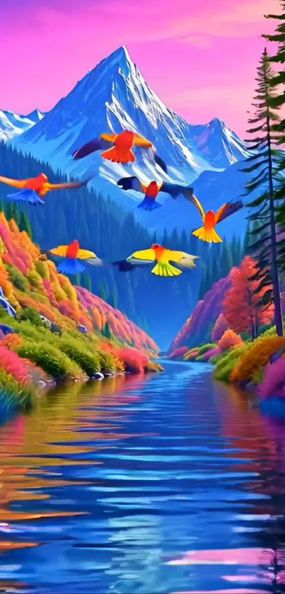 Colorful mountain landscape with birds and serene water reflections.