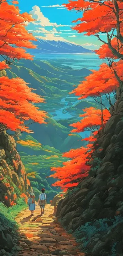 Scenic path through mountains with red foliage and distant river.