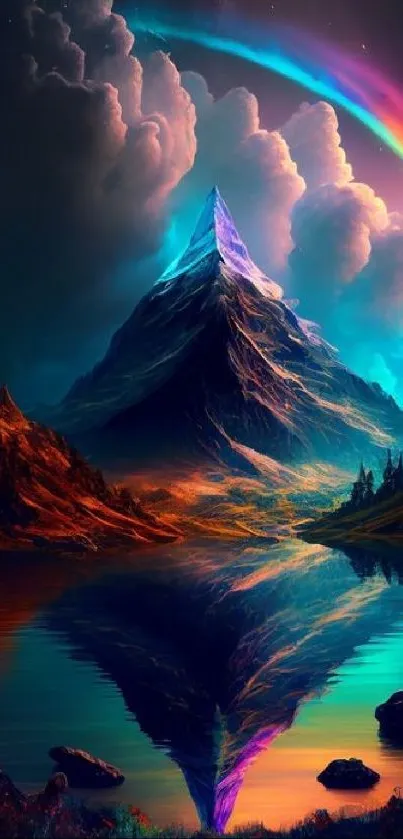 Vibrant blue mountain with rainbow and reflection in tranquil lake.