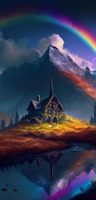 Vibrant rainbow over mountain and cottage with reflection in lake.
