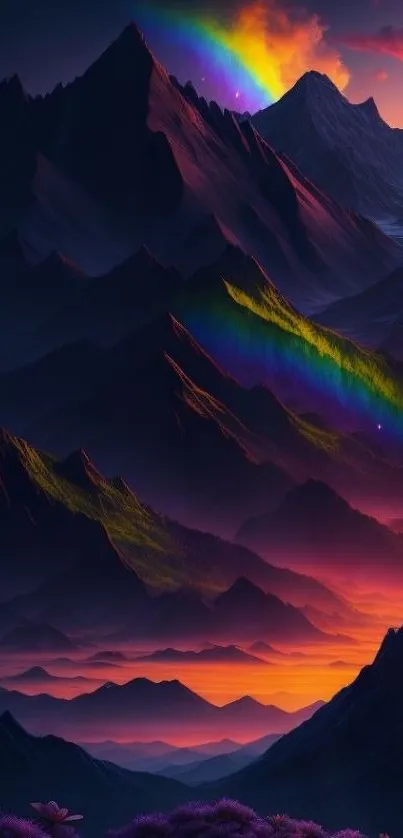 Colorful mountain landscape with vibrant sunset and rainbow.