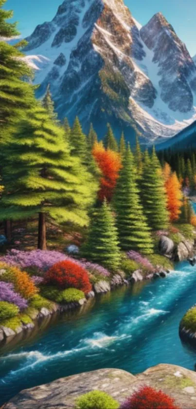 Colorful mountain landscape with river and trees.