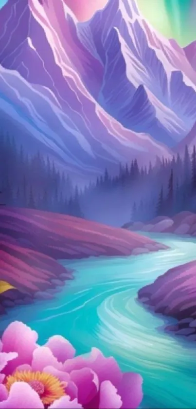 Vibrant mountain river scene with purple hues and colorful flora.