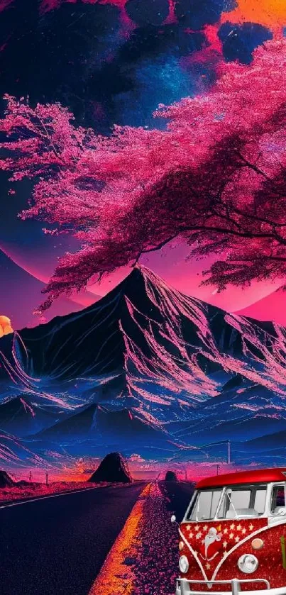 Surreal wallpaper featuring a pink tree, mountain, and cosmic sky with a van.