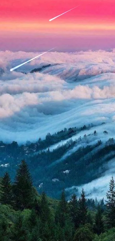 Colorful sky over misty mountains and forested landscape.