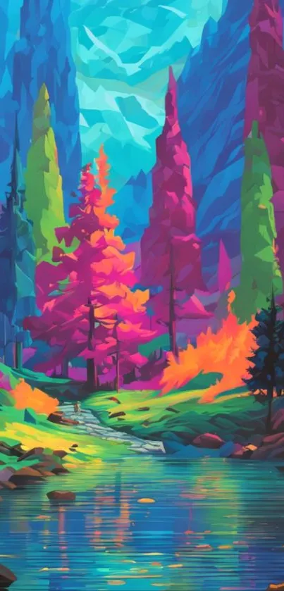 Vibrant abstract mountain stream with colorful trees.