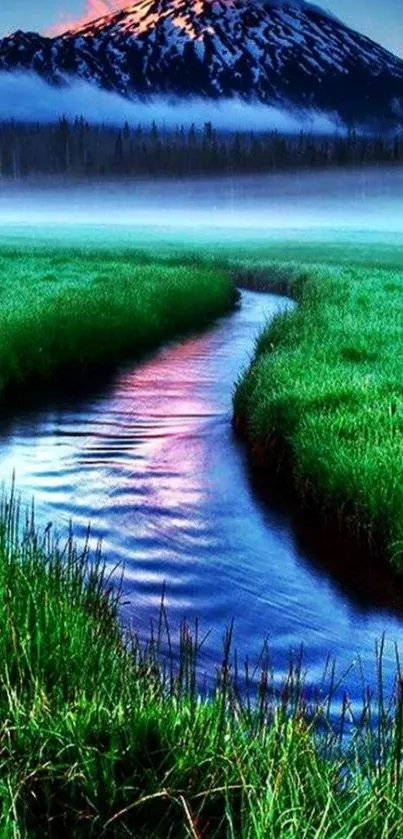 Vibrant mountain landscape with stream and green fields.