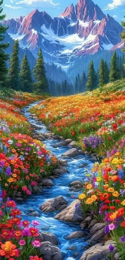 Vibrant mountain stream with colorful wildflowers and peaks.