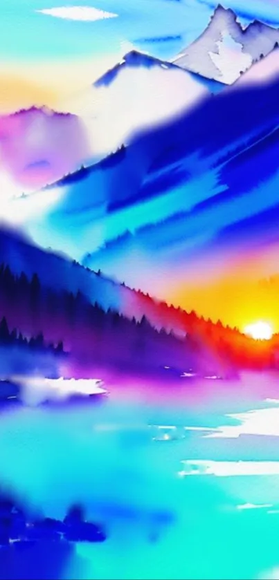 Vibrant watercolor mountain sunrise wallpaper with rich blues and warm hues.