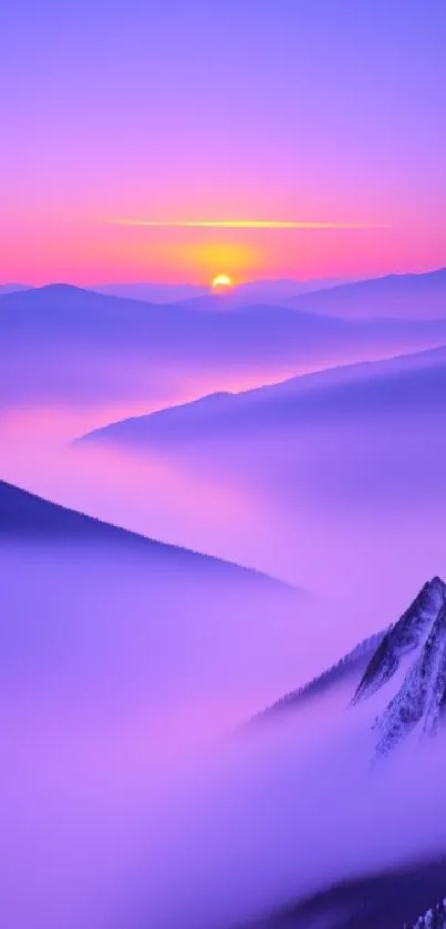 Vibrant sunrise over misty mountain landscape with colorful sky.