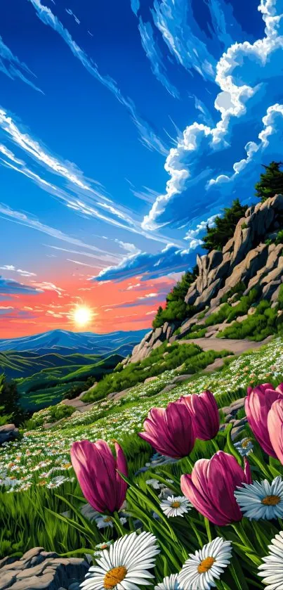 Vibrant mountain sunset with flowers and rocky slopes.